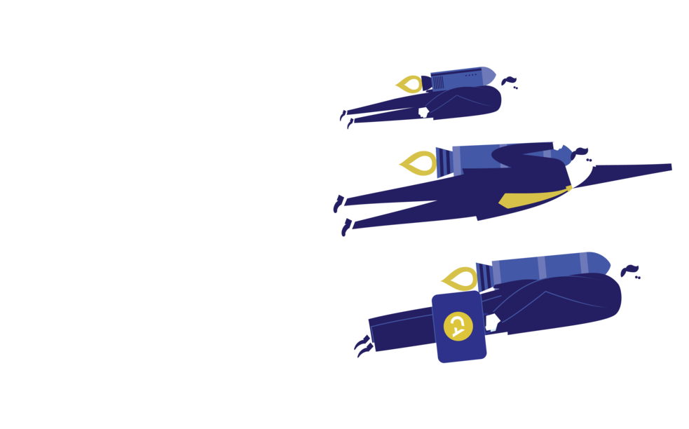 Illustratie van drie mensen met jetpacks, klaar om je project naar een hoger niveau te tillen