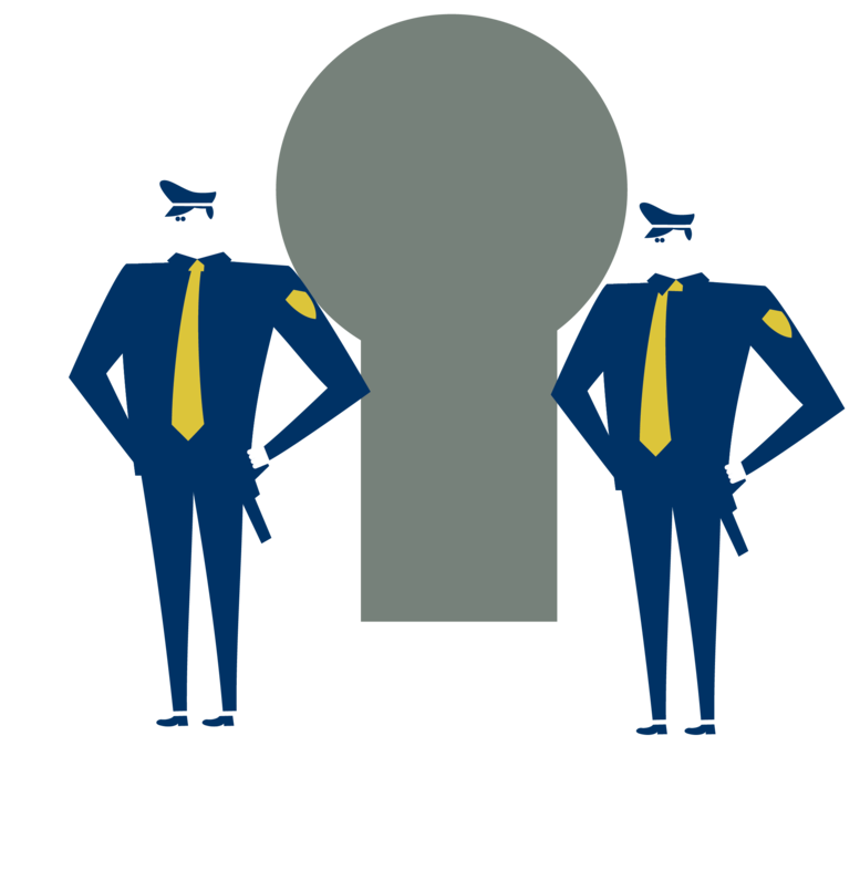 Illustratie van twee bewakers die de toegang bewaken