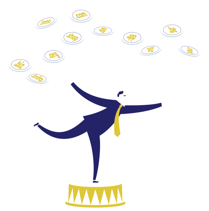 Illustration of someone choosing between different domain extensions such as .eu and .com